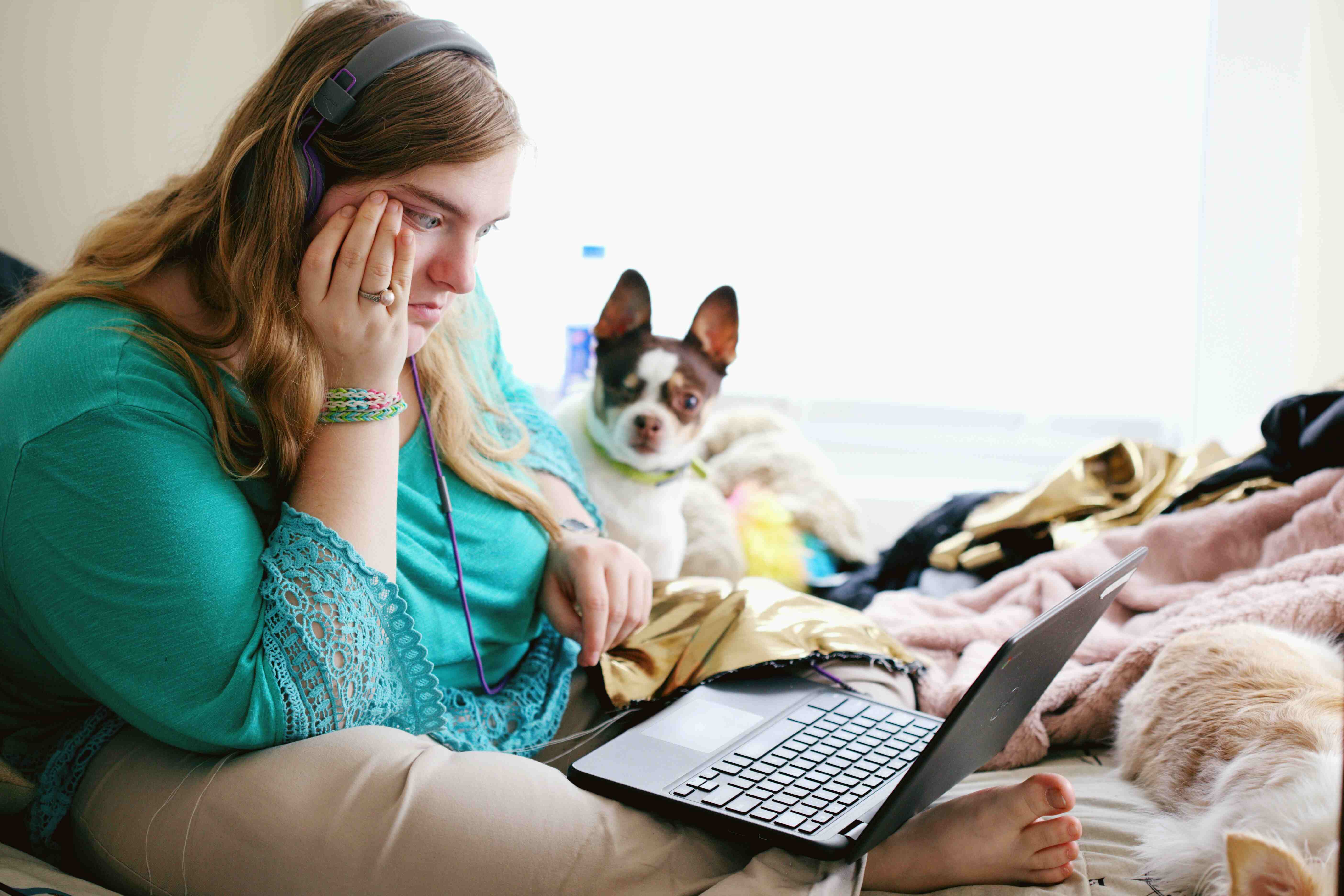 a healthy women finding social support online to over come high-functioning anxiety on a laptop with a puppy in the backgroud